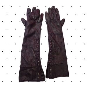 VINTAGE brown leather elbow length gloves with buttons and cuffs SIZE S